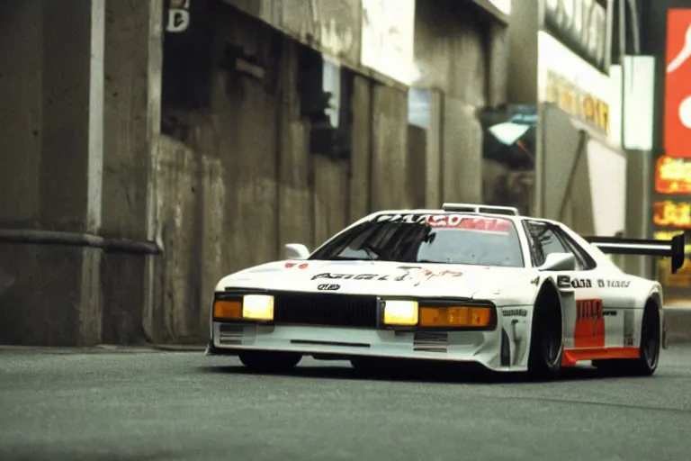 Image similar to single racecar 1 9 9 8 audi quattro, bmw m 1, movie still, vintage footage on tokyo streets, volumetric lighting, f 8 aperture, cinematic eastman 5 3 8 4 film