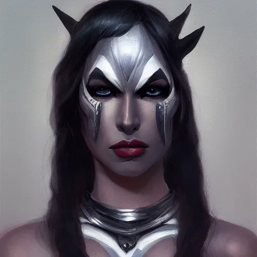 Image similar to a painting of a female dark elf holding her mask, a character portrait by Nína Tryggvadóttir, polycount contest winner, fantasy art, detailed painting, concept art, artstation hd