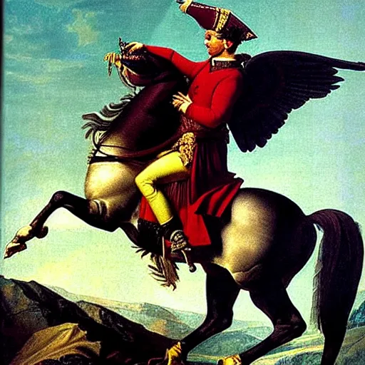 Image similar to Napoleon on a giant eagle painted by Jacques-Louis David