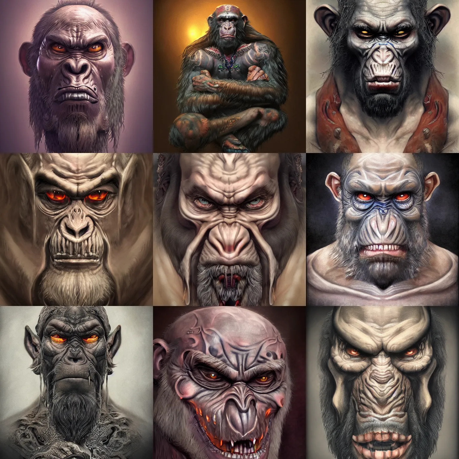 Image similar to a wlop 3 d render of very very very very highly detailed beautiful mystic portrait of a phantom ape demon with tattoos by anton pieck, intricate, extremely detailed, digital painting, artstation, concept art, smooth, sharp focus, illustration, intimidating lighting, incredible art,