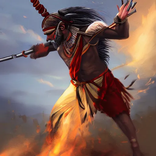 Image similar to indian warrior charging from the side, artstation