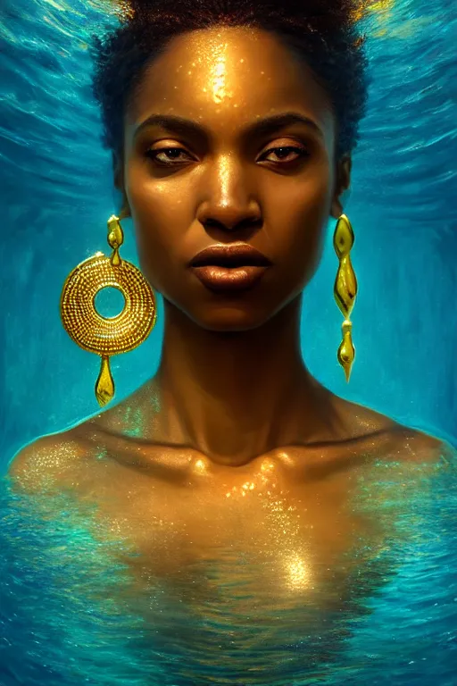 Image similar to hyperrealistic precisionist cinematic half underwater scene very expressive! translucent elegant african goddess full body, gold jewerly, highly detailed face, digital art masterpiece, aykut aydogdu eric zener, dramatic volumetric light, long shot, low angle uhd 8 k, sharp focus