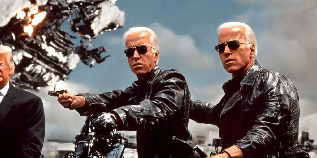 Image similar to joe biden in the terminator shooting terminator donald trump, cinematic, two characters, highly detailed, photorealistic, cinematic lighting, James Cameron, hr GIGER