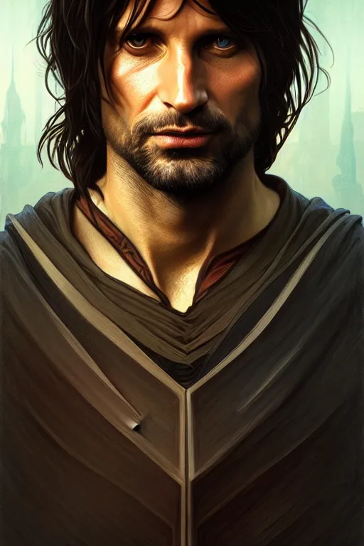 Prompt: aragorn, fantasy, portrait, sharp focus, intricate, elegant, digital painting, artstation, matte, highly detailed, concept art, illustration, ambient lighting, art by ilya kuvshinov, artgerm, alphonse mucha, and greg rutkowski