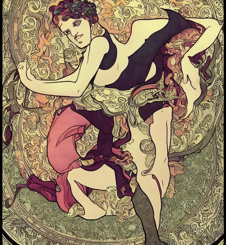 Image similar to Elizabeth Moss by Jamie McKelvie comic art, art nouveau, Peter Mohrbacher, Alphonse Mucha, full body shot