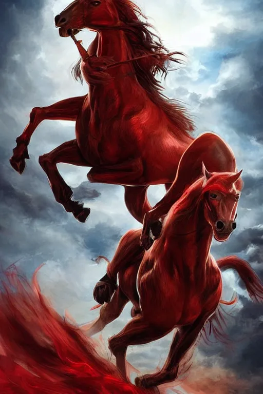 Image similar to the first singular horseman of the apocalypse riding a red stallion, horse is up on it's hindlegs, the rider carries a large sword, flames from the ground, artwork by artgerm and rutkowski, breathtaking, dramatic