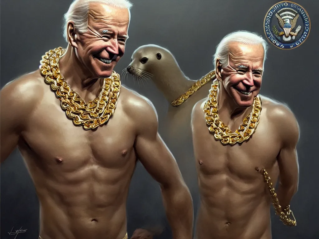 Image similar to joe biden wearing cycling shorts and gold chains surrounded by seals, elegant, real life skin, intricate, high detailed, artstation, concept art, smooth, sharp focus, art by artgerm and greg rutkowski