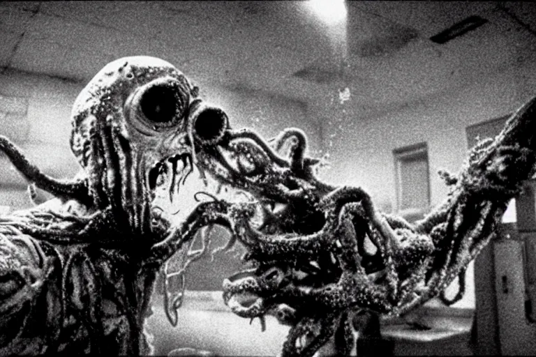 Image similar to scary intense grotesque disgusting filmic wide shot angle movie still 35mm film color photograph of a shape shifting horrific nightmarish abstract alien organism spewing toxic spined tentacles made out of flesh strangling a doctor wearing a lab coat and surgical mask in the style of a horror film The Thing 1982