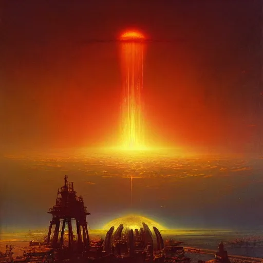 Prompt: A gigantic colossal Atomic explosion in Mumbai, by Bruce Pennington, by Wayne Barlowe, by Greg Rutkowski, oil on canvas, masterpiece, detailed, dynamic, cinematic composition, beautiful lighting, view from ground, trending on artstation, top on pixiv, 8K, no frames,