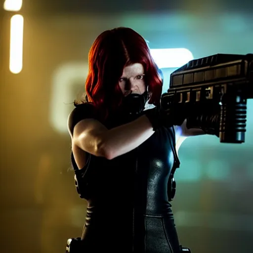 Image similar to rose leslie starring in a cyberpunk movie in a distopic futuristic city in the style of bladerunner, wearing a cropped black tank top, black shorts and black boots, firing a gun, muzzle flash, movie still, highly detailed, rainy night, volumetric lights, dramatic, scifi, sharp focus