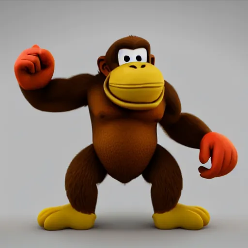 Prompt: Donkey Kong stepping on a banana, 3D render, detailed clay model