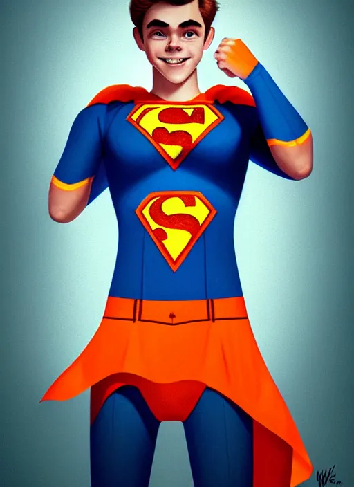 Image similar to friendly teenage archie andrews wearing an orange superhero costume with heart logo, freckles, superhero costume, heart emblem on chest, cape, intricate, elegant, glowing lights, highly detailed, digital painting, artstation, sharp focus, illustration, art by wlop, mars ravelo and greg rutkowski