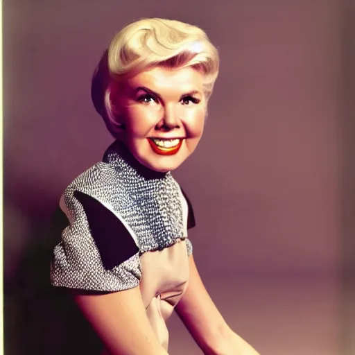 Prompt: Doris Day photoshoot, 1960s style, mod style, dramatic lighting, film camera, halo effect