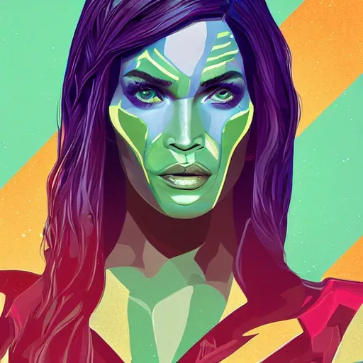 Prompt: Megan Fox as gamora (Guardians of the Galaxy) by Sandra Chevrier, beeple, Pi-Slices and Kidmograph, beautiful digital illustration