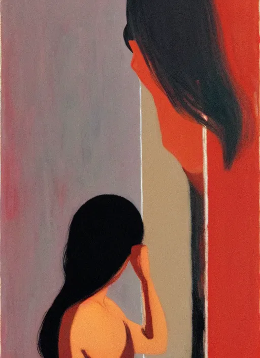 Image similar to a beautiful muse captivatingly dreaming and brushing her hair in front of a mirror made of existential void, the girl from the Ring crawling, in style of John Singer Sargant, Ilya Kuvshinov and Edward Hopper with eerie colors of Mark Rothko, highly detailed