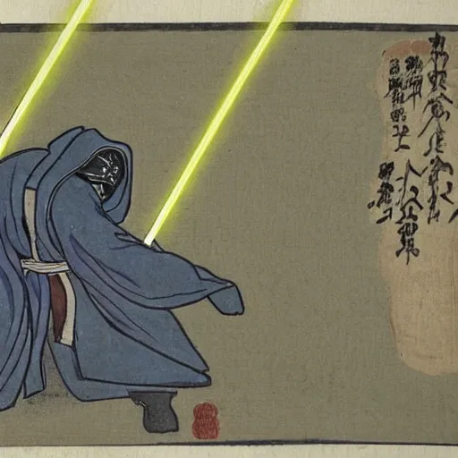 Image similar to ancient japanese watercolour of a darth sidious shooting lightning from his fingers at luke skywalker. Luke Skywalker is writhing on the ground in agony and begging darth vader to help.