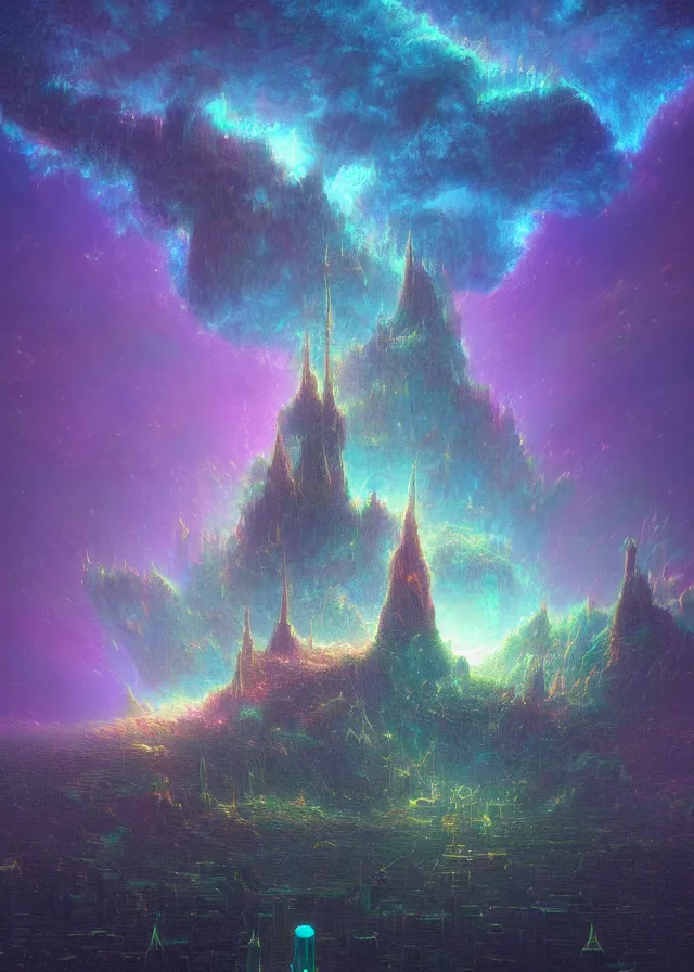 Image similar to an ultra detailed midjourney concept digital art painting of a flying island castle city, towers levitating across space in an iridescent nebula by paul lehr kazumasa uchio situated in a starry expanse of bioluminescent cosmic worlds by beksinski and beeple, ecological art, sharp details, floating citadel with towers, trending on artstation