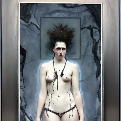Image similar to stunning portrait of big female sumoringer as despair from sandman in a white void with empty frames all around her, by gregory crewdson, by alphonse mucha, by jeremy mann, by peter lindbergh, dave mckean, white suit and black tie, soft lightning, high detailed, 8 k