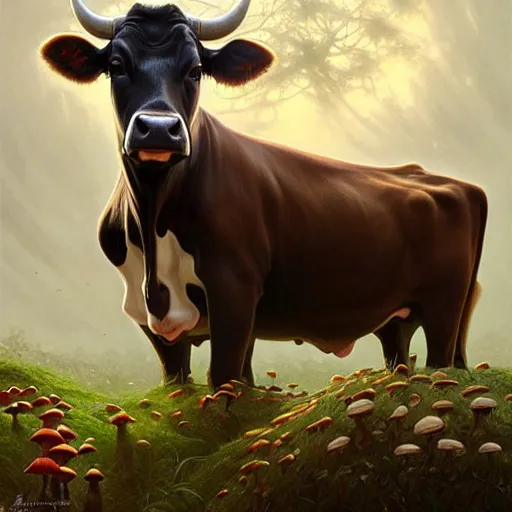 Prompt: long shot photo of a cow with many mushrooms sprouting from it's back and top, highly detailed, digital painting, artstation, smooth, sharp focus, illustration, art by artgerm and greg rutkowski and alphonse mucha