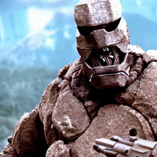 Prompt: cinematic, 4 k, full body portrait, rock golem as a soldier smoking a cigarette, still from the movie predator, starship troopers