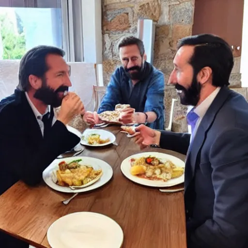 Prompt: santiago abascal eating with pablo echenique