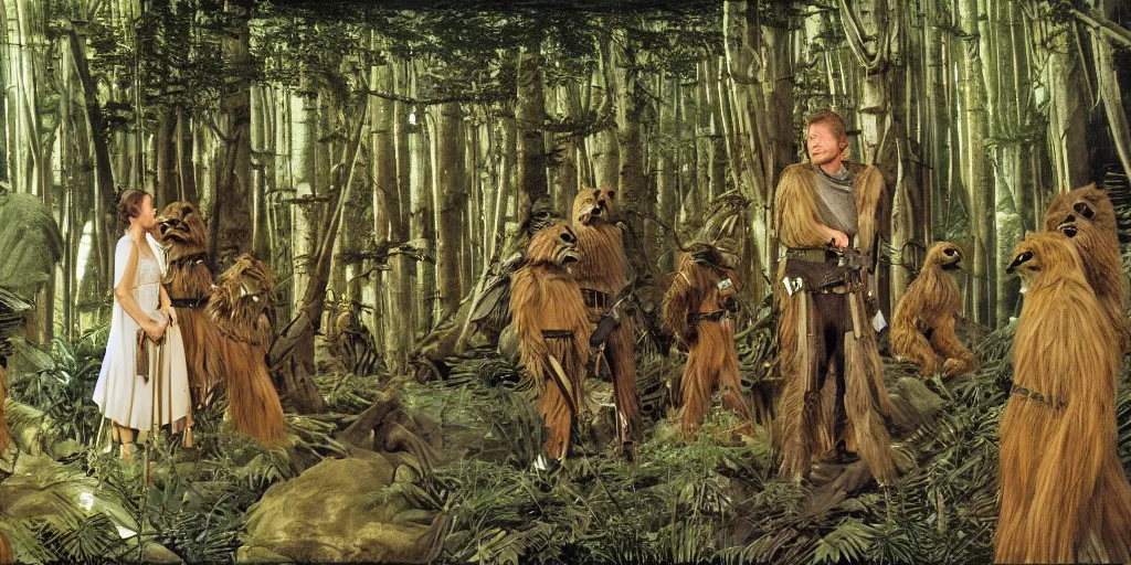 Prompt: luke skywalker, princess leia and han solo meet the ewoks in the forest of endor, in return of the jedi, a masterful painting by sandro botticelli, 4 k