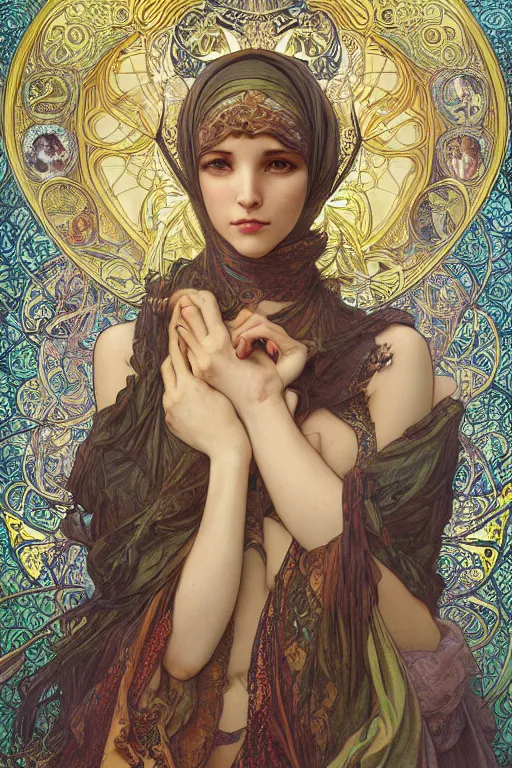 Prompt: hyper-realistic detailed full body portrait of woman with hijab by Alphonse Mucha, Ayami Kojima, Amano, Charlie Bowater, Karol Bak, Greg Hildebrandt, Jean Delville, Pablo Picasso and Mark Brooks, Art Nouveau, Neo-Gothic, gothic, iridescent deep colors