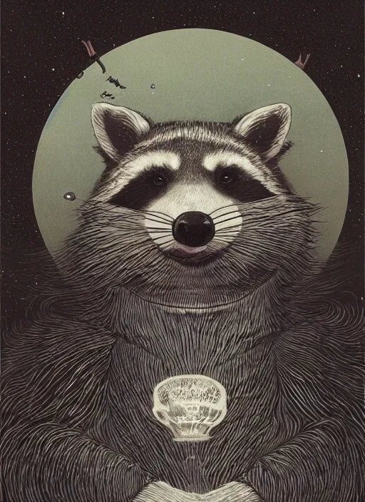 Image similar to a fantasy illustration portrait of an anthropomorphic raccoon mage, by victo ngai, by stephen gammell, by george ault, artstation