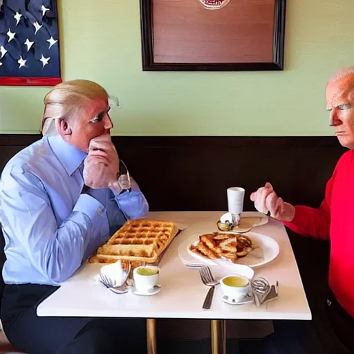 Image similar to photograph of trump and Biden sitting and eating breakfast at a Wafflehouse