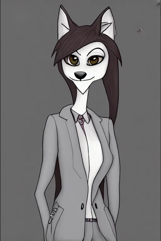 Prompt: drawing of anthromorphic female wolf, in style of cory loftis, female fursona, furry, furaffinity, 4 k, deviantart, furry art, fursona art, wearing black business suit, business suit, in style of zootopia, wolf fursona, cyberpunk, female, very expressive detailed feminine face,