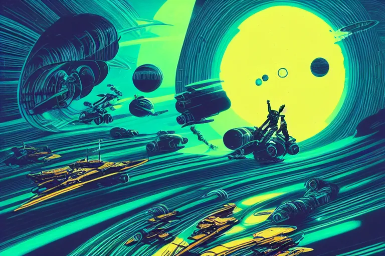 Image similar to artwork by kilian eng and ( dan mumford ) and toshi yoshida and franklin booth showing a speederbike race on the rings of saturn, vintage scifi, high details, dramatic lightning,, 8 k