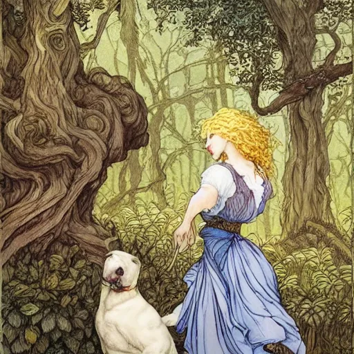 Image similar to pretty girl with curly blonde hair sits in a forest while petting a white pitbull, highly detailed, painting by rebecca guay