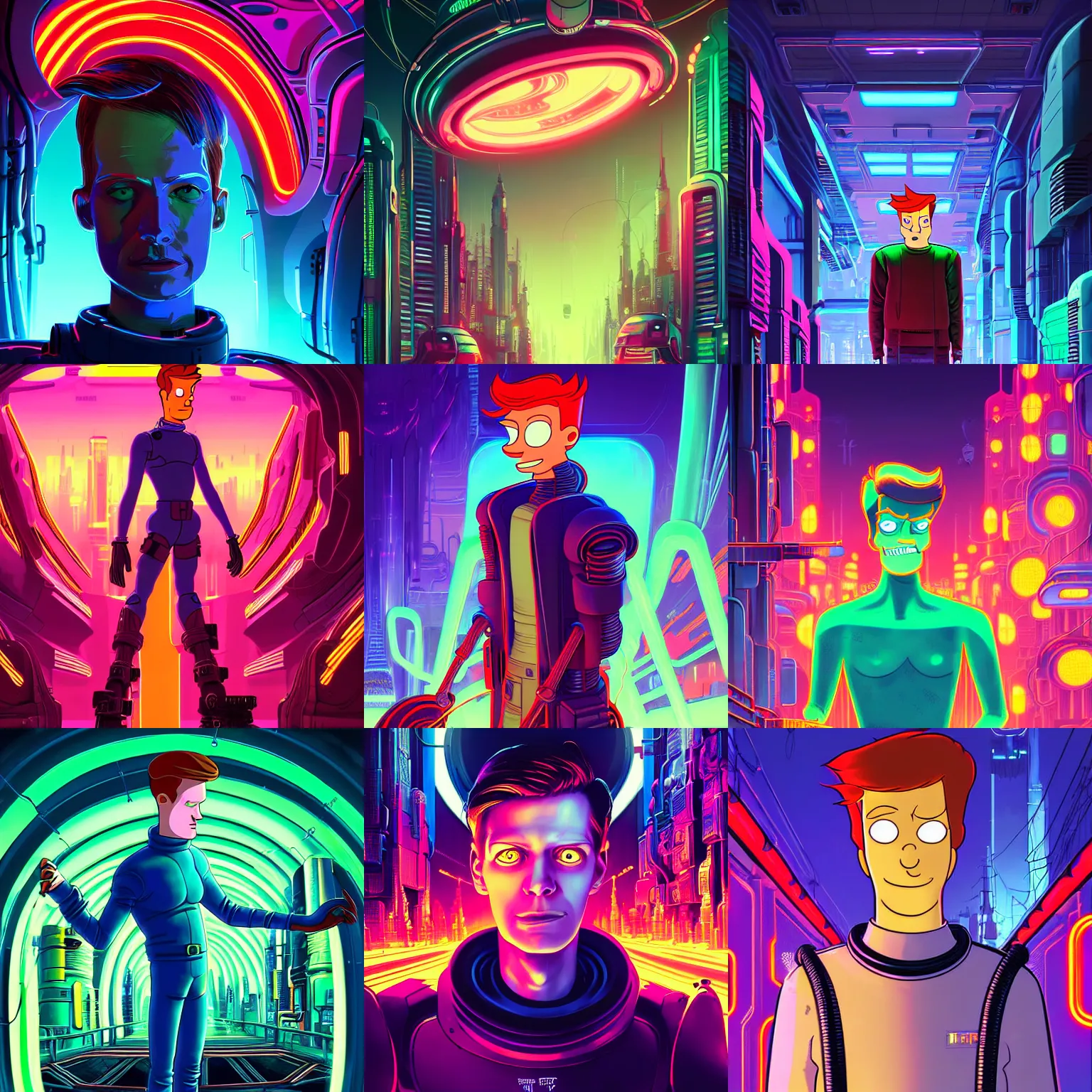 Prompt: portrait philip j. fry from futurama inside an scifi tentacles wires futuristic city, beautiful neon walls, cinematic, highly detailed, photorealistic, rich bright colors, trending on artstation, giger, tsutomu nihei, trending on cgsociety, awe inspiring bruce pennington cityscape, digital art painting of 1 9 6 0 s