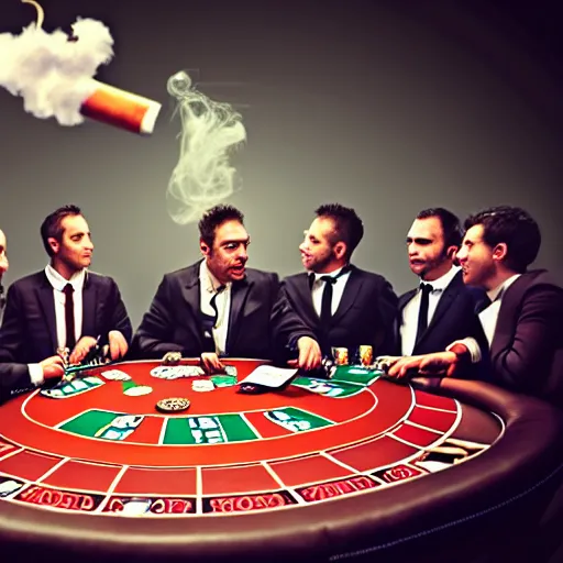 Image similar to 8 monkeys playing poker at a poker table smoking cigarettes and dressed in suits, 4 k, hyper realistic, dslr, high resolution, landscape, beautiful