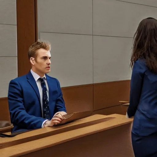 Prompt: A white man wearing a dark blue suit in court defending his client, hyper, realistic, super detailed, 8k, HDR, realistic lighting and shading