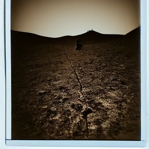 Image similar to a cat lost in the desert, polaroid, 8 mm