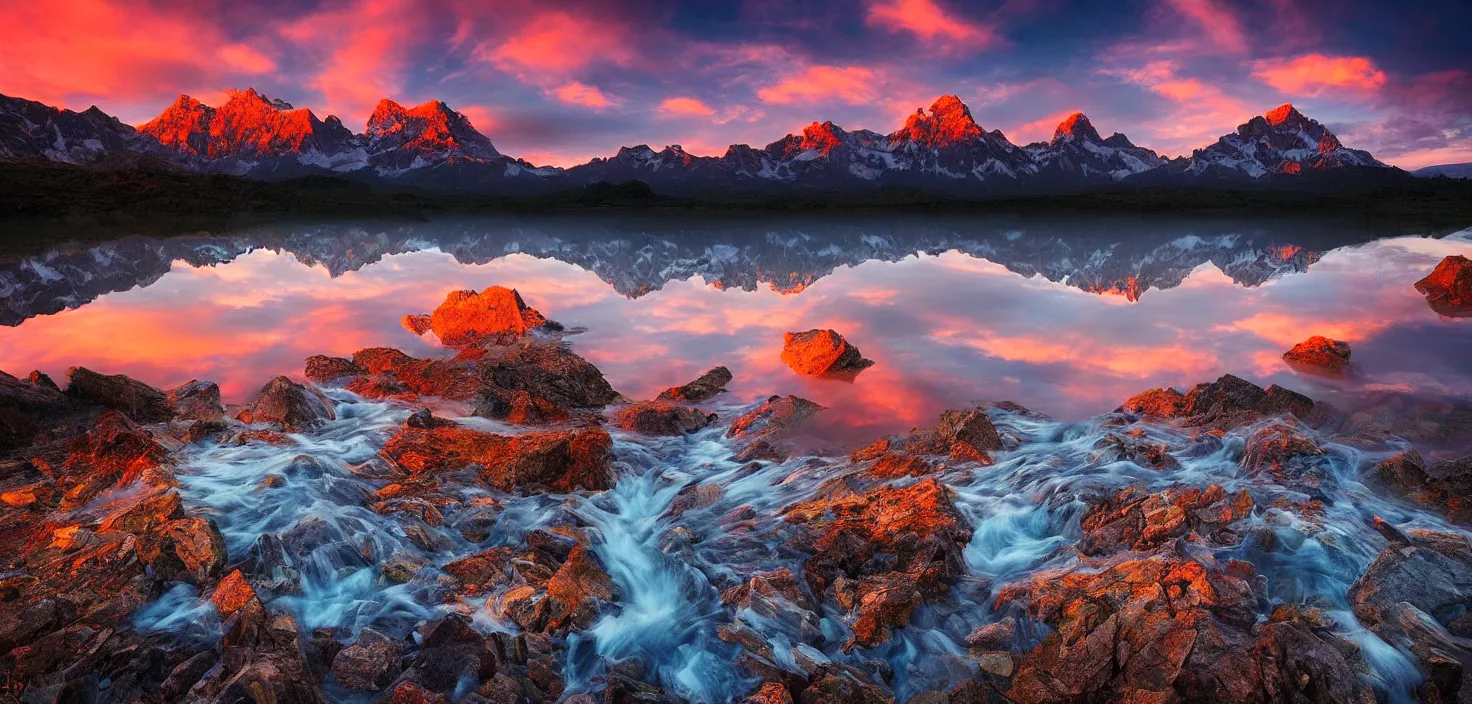 Image similar to amazing landscape photo of mountains with lake in sunset by marc adamus, beautiful dramatic lighting