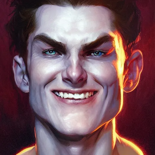 Prompt: character concept, portrait, symmetrical head - on centralized, laughing young man with dark cape. detailed, high quality, dynamic lightning, fantasy, scenematic. artwork by artgerm, wlop, alex ross, greg rutknowski, alphonse mucha