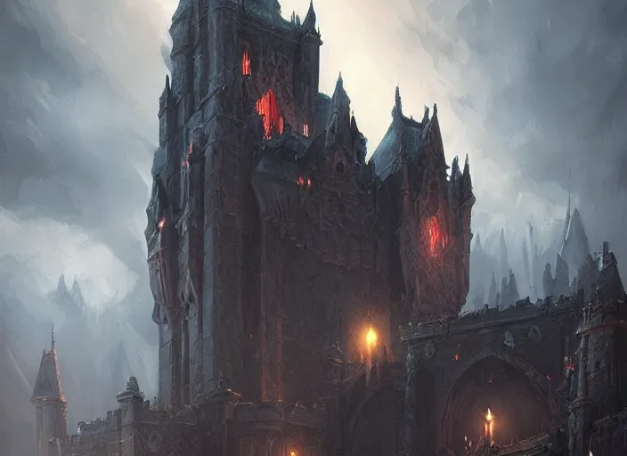 Image similar to The Castle of a Vampire, night, gargoyles, a fantasy digital painting by Greg Rutkowski and James Gurney, trending on Artstation, highly detailed