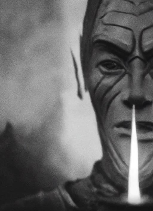 Image similar to portrait of sauron, fire, in the style of akira kurosawa, cinematic, black and white, film grain