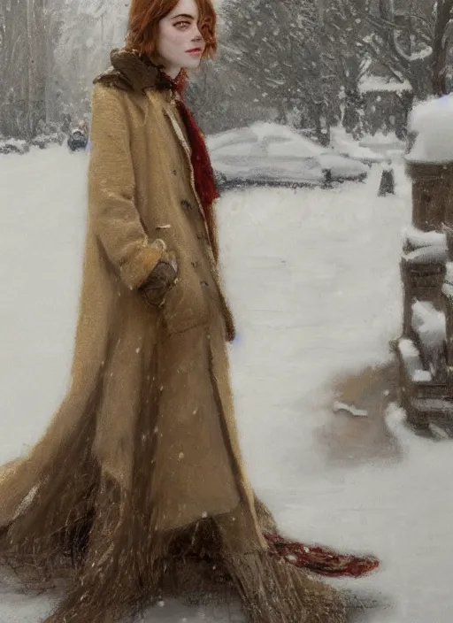 Image similar to back of emma stone in beige coat, talking to timothee chalamet in new york winter, snow, artwork by gaston bussiere, craig mullins, trending on artstation