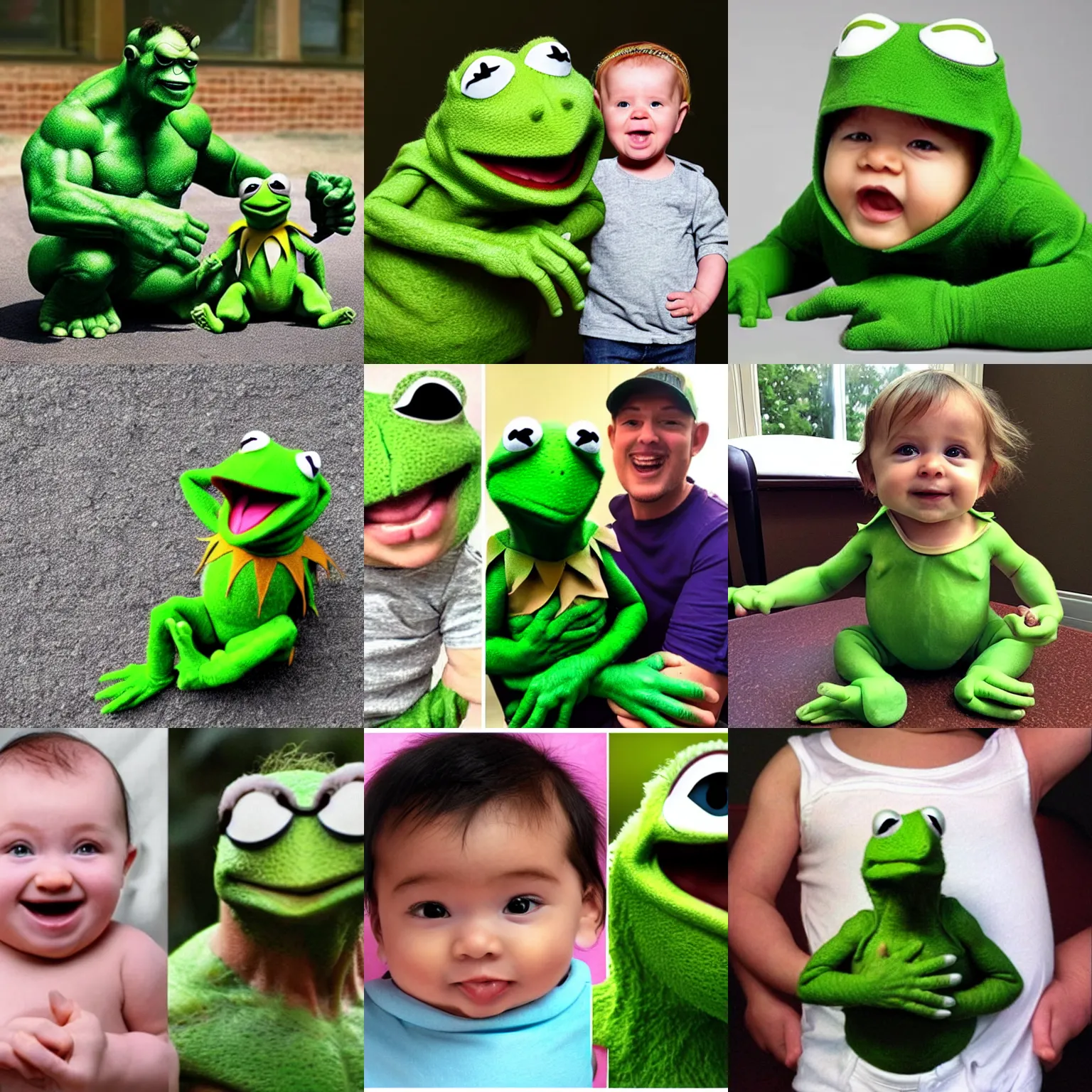 Prompt: baby whose parents are kermit and hulk