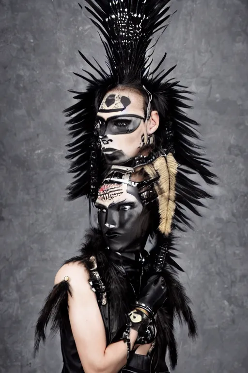 Image similar to a indigenous inuit genderqueer person in a black leather outfit with spikes on their head, a high fashion character portrait by christen dalsgaard, featured on behance, gothic art, androgynous, genderless, gothic