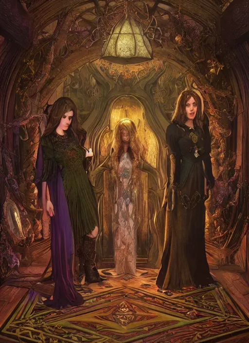 Image similar to mindcontrol inside covens den, intricate wiccan scene detailing, textless, hyperornate wiccan photorealistic mindcontrol, highly detailed, photorealistic, diffuse lighting, hdrp, artstation, unreal 5, smooth, sharp focus, art by john collier, albert aublet, krenz cushart, artem demura, alphonse mucha