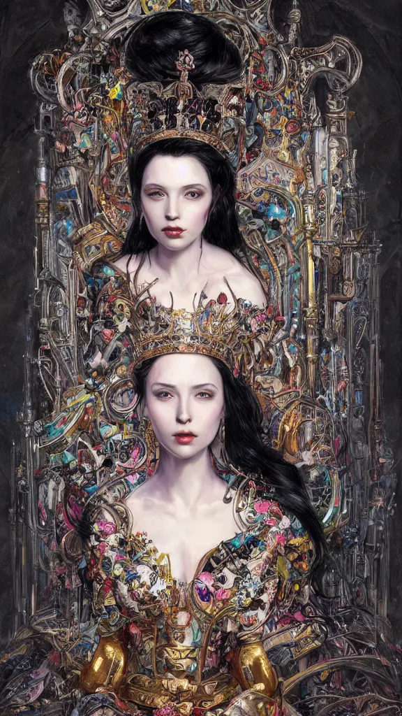 Image similar to painting of a beautiful black haired woman with pale skin and a crown on her head sitted on an intricate metal throne, illustration, artistic, colorful, hyper detailed, in the style of greg rutkowski,