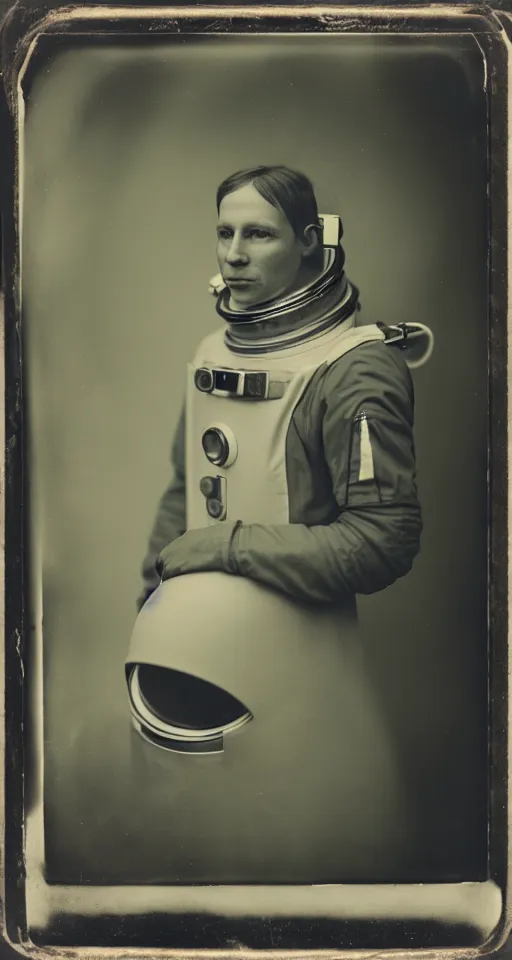 Image similar to a wet plate photograph, a portrait of an astronaut