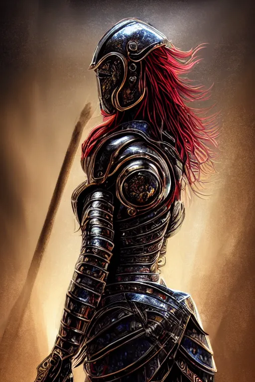 Image similar to portrait knights of Zodiac girl, metallic black and reddish color reflected armor, in heavily rainning ruin Agora of Athens, ssci-fi, fantasy, intricate, rim lights, reflected lights, natural atmosphere, great high details, highly reaslitic, cinematic lighting,, elegant, golden light, highly detailed, digital painting, concept art, smooth, sharp focus, illustration, art by artgerm and greg rutkowski and alphonse mucha and loish and WLOP