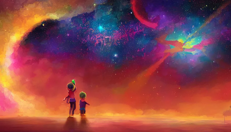 Prompt: Digital painting of a child pointing to the colorful stars in the sky, hyperdetailed, artstation, cgsociety, 8k