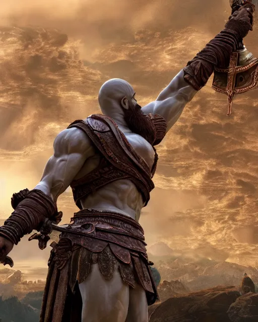 Prompt: a gigantic 1 0 0 0 foot bronze statue of a kratos holding his spear and shield, god of war, fantasy landscape, thousands of tiny onlookers, photorealistic, atmospheric