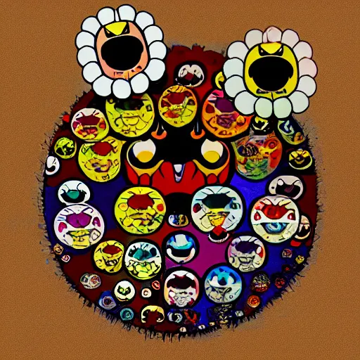 Image similar to Three demons flying up from a desert canyon in the style of Takashi Murakami